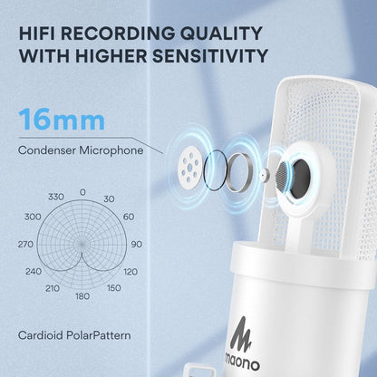 MAONO A04 White USB Microphone | 192kHz/24Bit Condenser Mic for PC, Podcast & Streaming