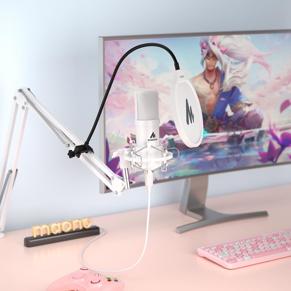 MAONO A04 White USB Microphone | 192kHz/24Bit Condenser Mic for PC, Podcast & Streaming