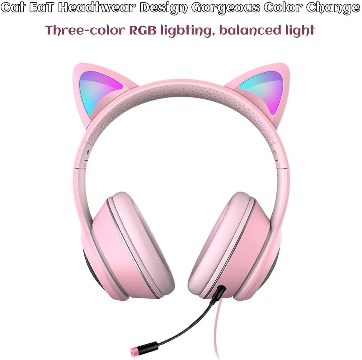 Cat Ear RGB Gaming Headset with Mic, Wired 3.5mm for PC, PS4, Switch & Mobile