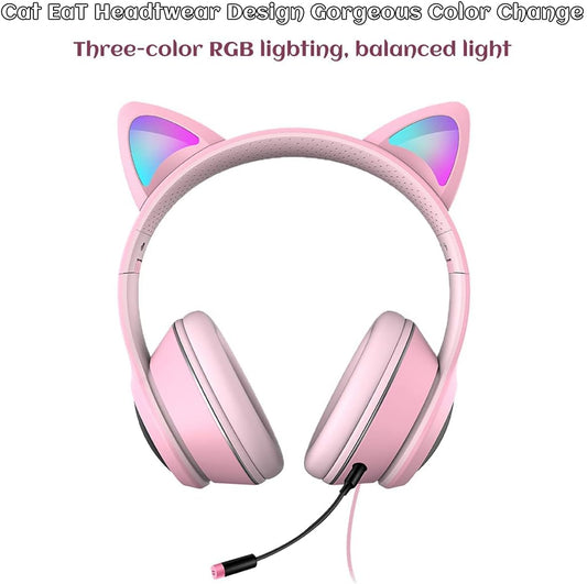 Cat Ear RGB Gaming Headset with Mic, Wired 3.5mm for PC, PS4, Switch & Mobile