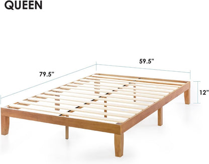Mellow Queen Solid Pine Platform Bed Frame – 12" Wooden Slats, No Box Spring, Naturalista Classic