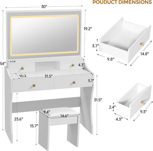 COMHOMA Makeup Vanity Set with Lighted Mirror, Charging Station & Stool – Snow White