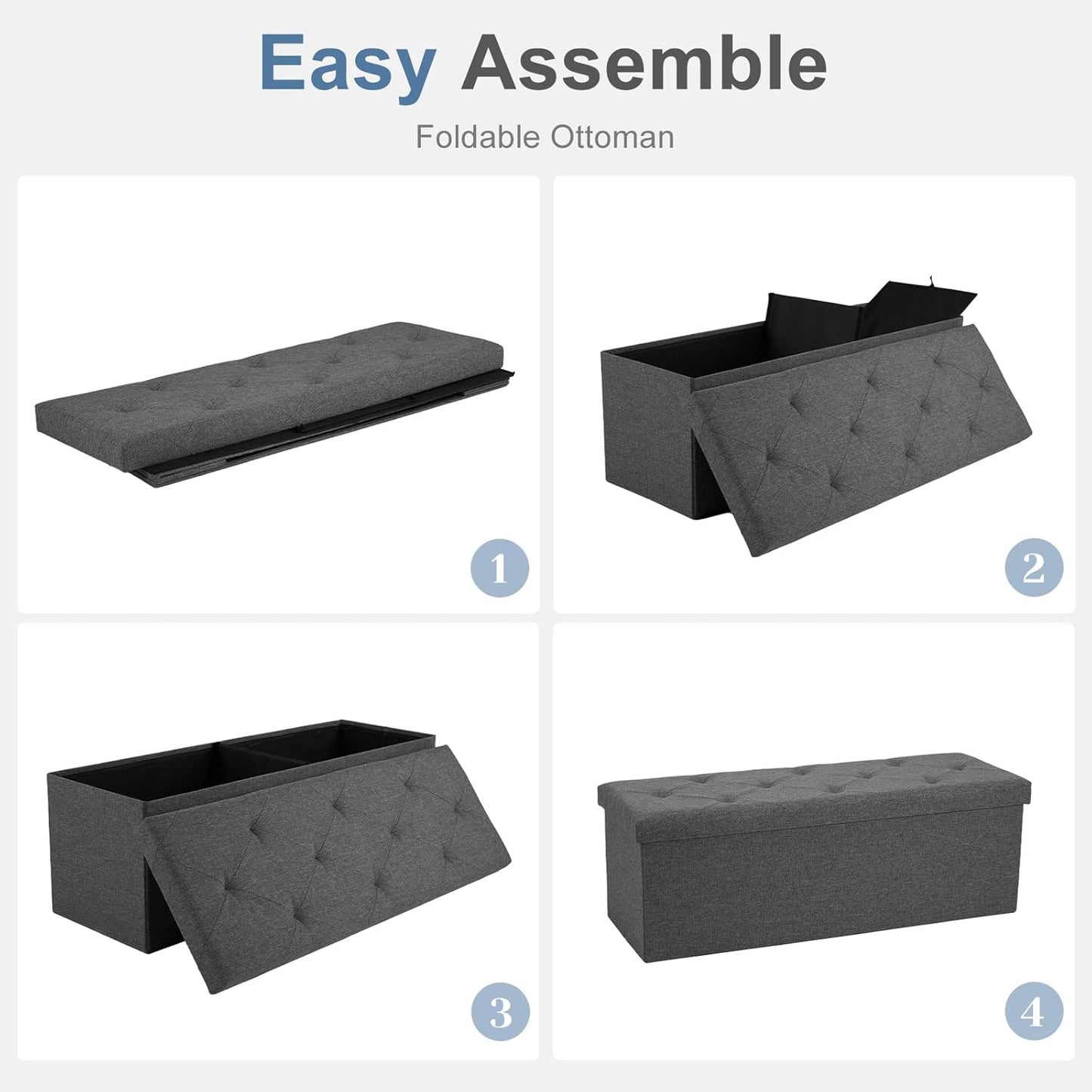 DUMOS 43" Folding Storage Ottoman Bench – Heavy Duty 660 lbs Capacity, Extra Thick Padded Seat | Large Storage Chest & Footrest for Bedroom, Living Room & Entryway (Grey)