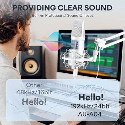MAONO A04 White USB Microphone | 192kHz/24Bit Condenser Mic for PC, Podcast & Streaming