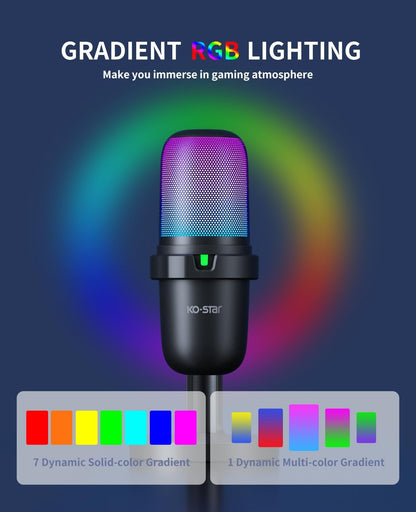 USB RGB Gaming Microphone | Condenser Mic for PC & PS5, Gain Knob, Headphone Jack