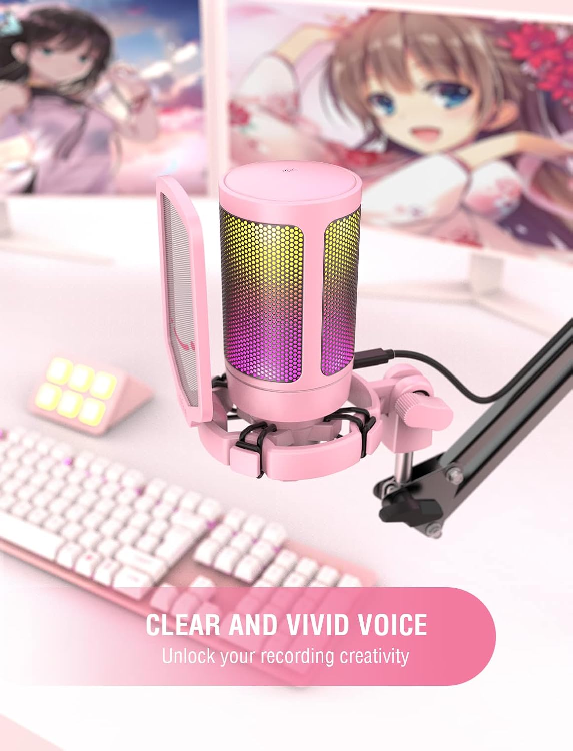 FIFINE AmpliGame Pink USB Gaming Microphone | RGB Condenser Mic for PC/PS5