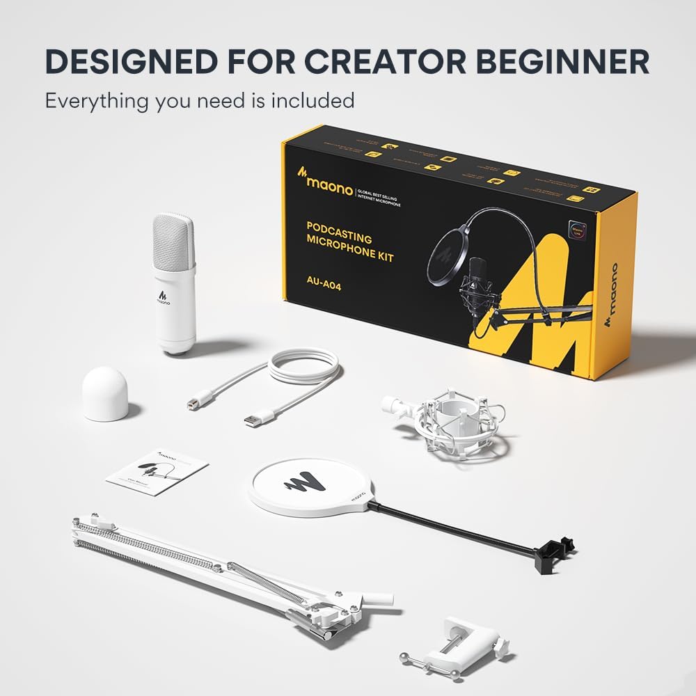MAONO A04 White USB Microphone | 192kHz/24Bit Condenser Mic for PC, Podcast & Streaming