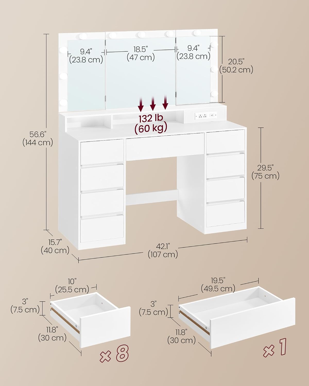 VASAGLE KAILYN 9-Drawer Vanity Desk with Tri-Fold Lighted Mirror & Power Hub – Cloud White