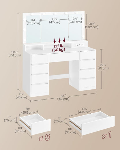 VASAGLE KAILYN 9-Drawer Vanity Desk with Tri-Fold Lighted Mirror & Power Hub – Cloud White