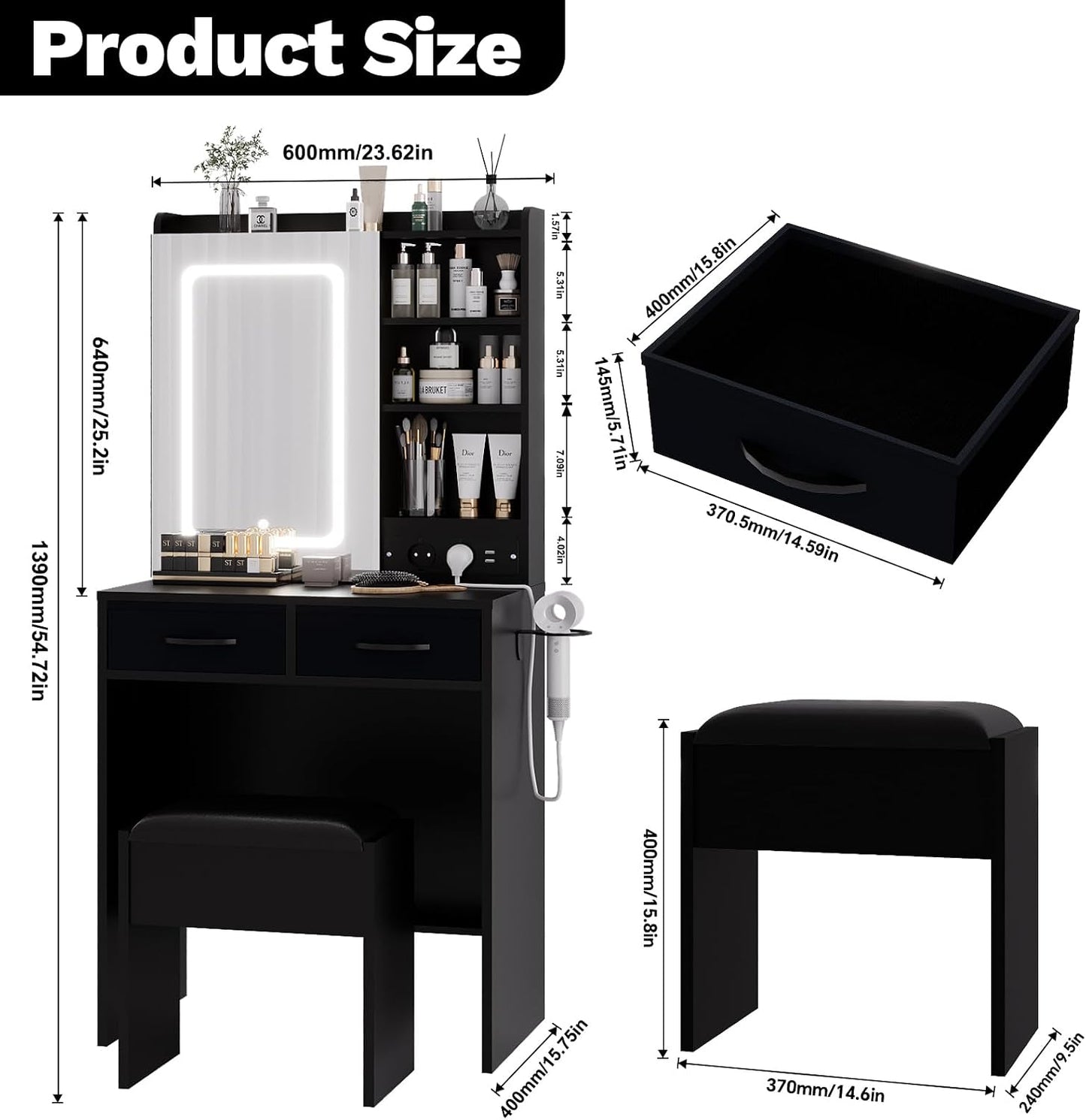 Black Makeup Vanity Desk with Lighted Mirror & Chair – Built-in Charging Station, Glass-Door RGB Storage Cabinet, 2 Drawers & Power Outlets
