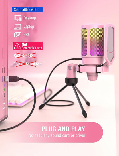 FIFINE AmpliGame Pink USB Gaming Microphone | RGB Condenser Mic for PC/PS5