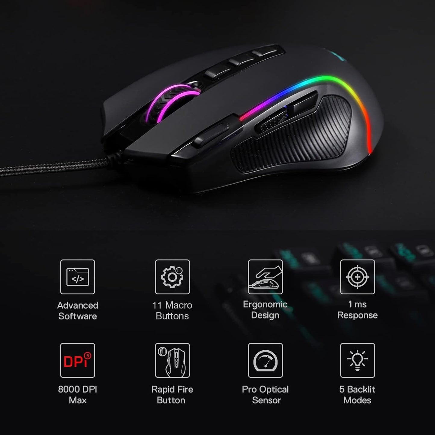 Redragon M612 Wired RGB Gaming Mouse, 8000 DPI, Programmable Buttons
