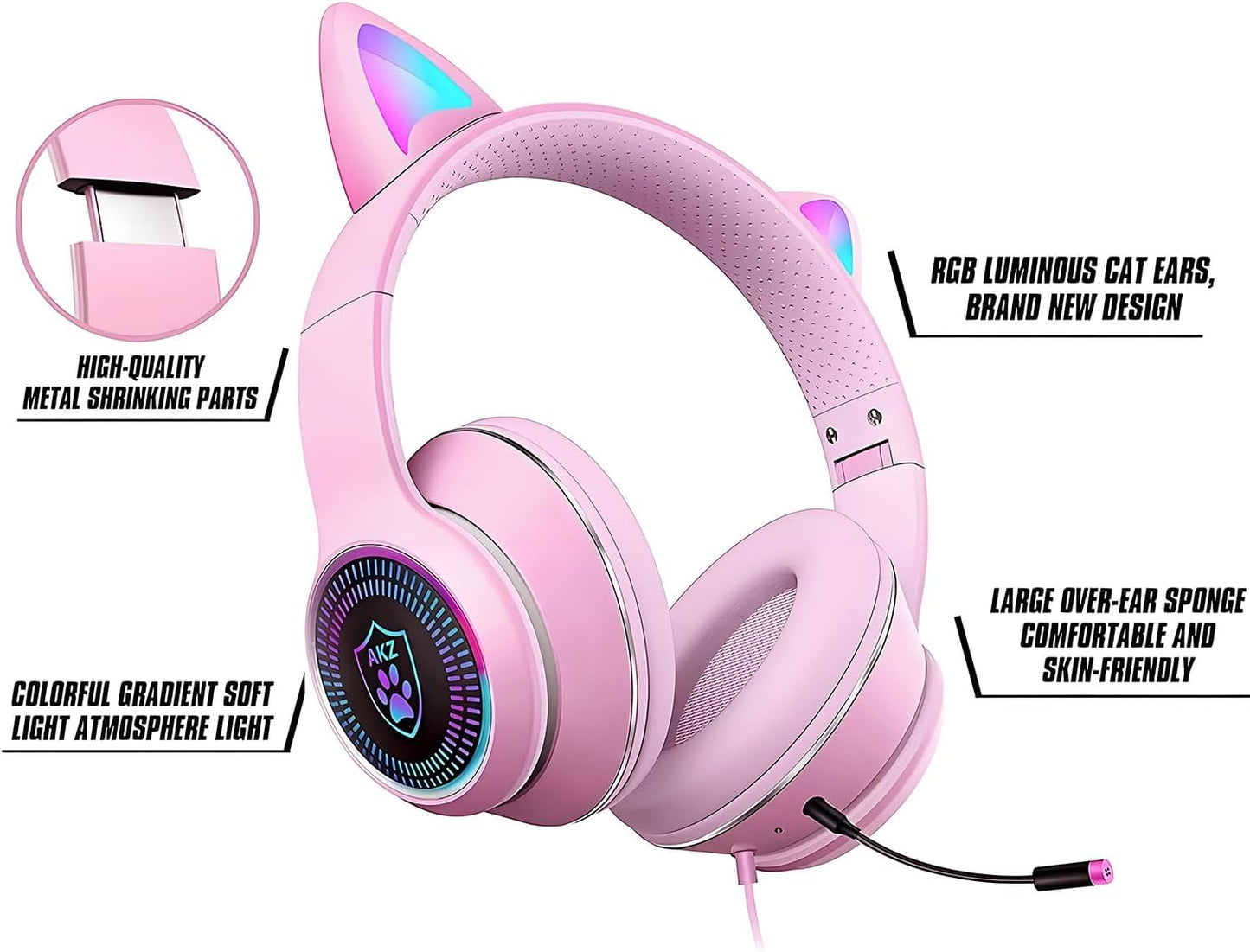 Cat Ear RGB Gaming Headset with Mic, Wired 3.5mm for PC, PS4, Switch & Mobile