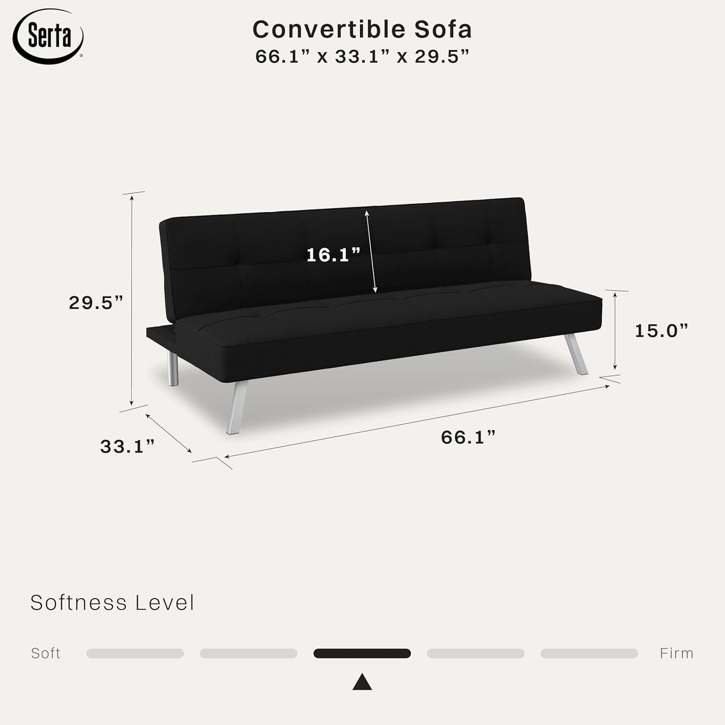 Serta Rane 66.1" 3-in-1 Convertible Futon Sleeper Couch (Black)