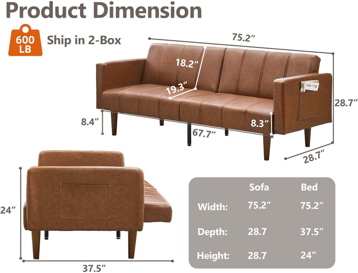 Garvee 75" Convertible PU Leather Sleeper Sofa