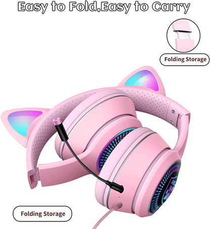 Cat Ear RGB Gaming Headset with Mic, Wired 3.5mm for PC, PS4, Switch & Mobile