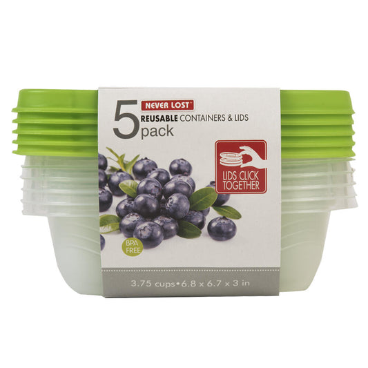 "Never Lost™ 5-Pack Square Food Storage Containers - 3.75 Cups Each"