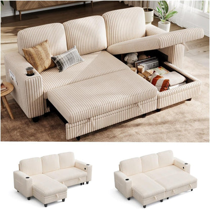 LINSY HOME 81" L-Shape Sleeper Sectional Sofa Bed with Storage Chaise (Beige)