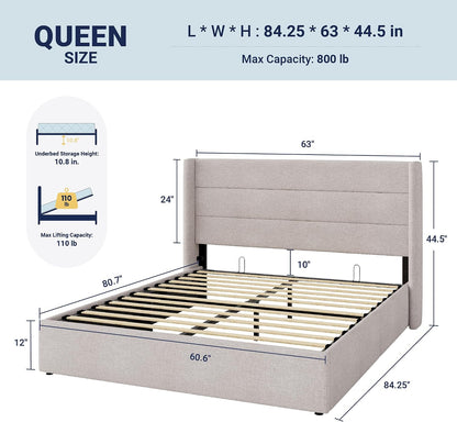 Allewie Queen Hydraulic Lift-Up Storage Bed Frame – Upholstered Wingback Headboard, Light Beige