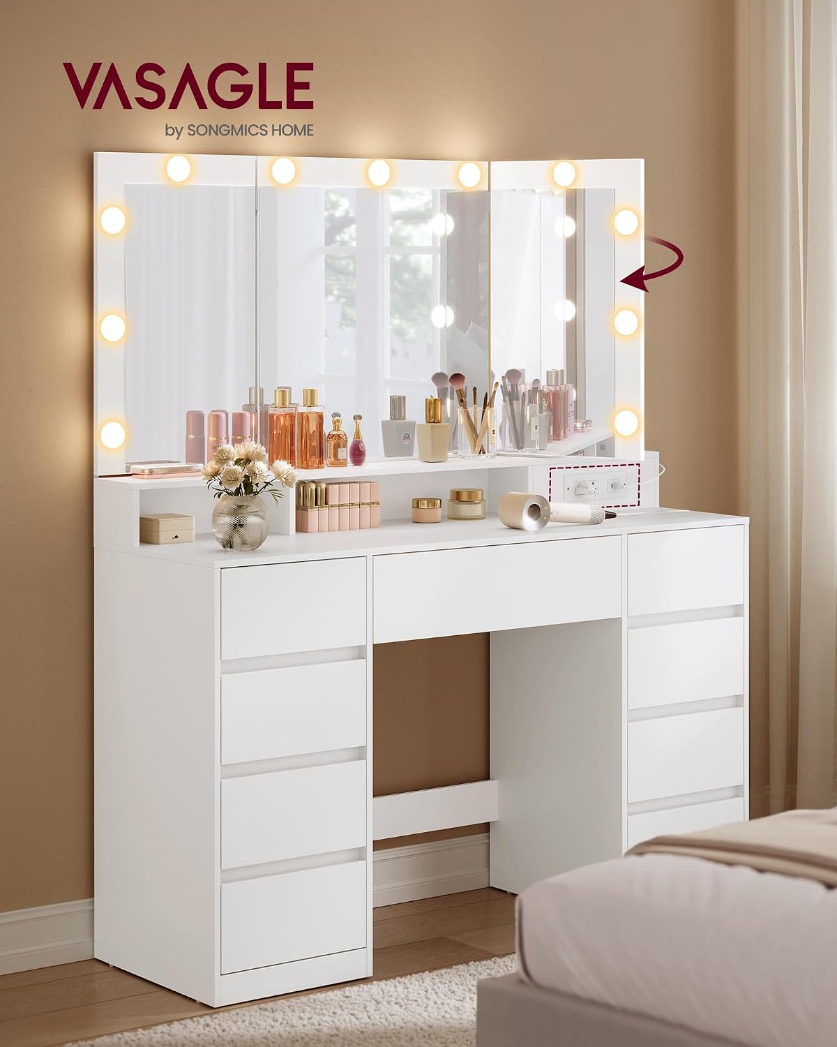 VASAGLE KAILYN 9-Drawer Vanity Desk with Tri-Fold Lighted Mirror & Power Hub – Cloud White