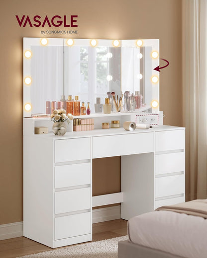 VASAGLE KAILYN 9-Drawer Vanity Desk with Tri-Fold Lighted Mirror & Power Hub – Cloud White