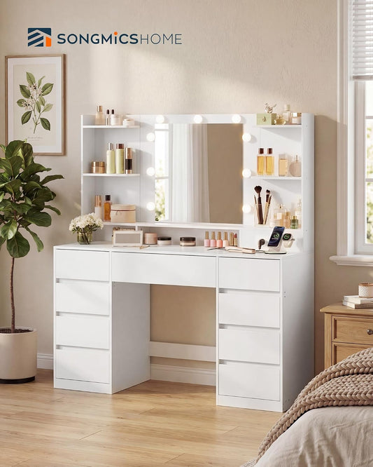 SONGMICS HOME 9-Drawer Makeup Vanity Desk with Lighted Mirror & Charging Station – White