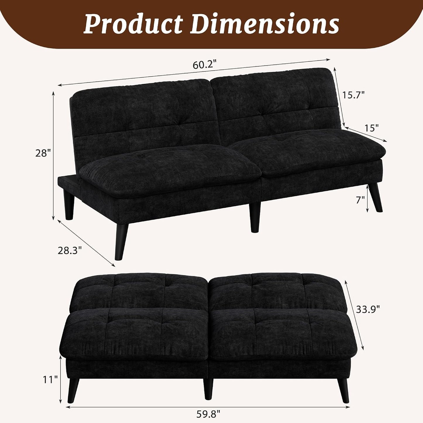 Shintenchi Velvet Futon Sofa Bed – Foldable 2-in-1 Sleeper Couch (Black)