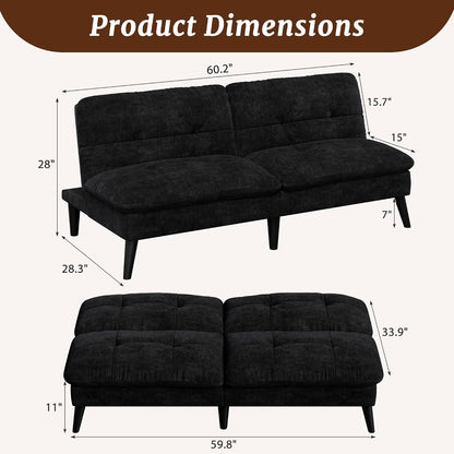 Shintenchi Velvet Futon Sofa Bed – Foldable 2-in-1 Sleeper Couch (Black)