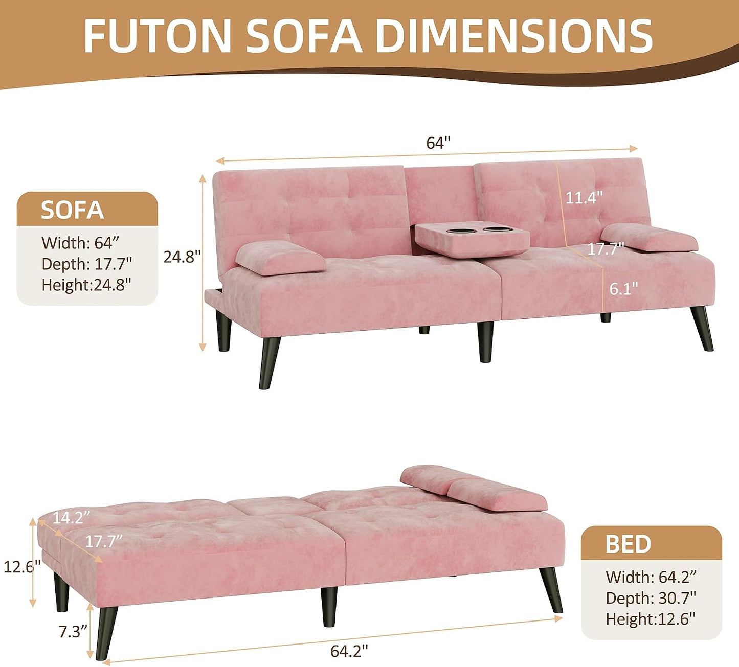 Shintenchi 64" Reclining Velvet Futon Sleeper with Armrests & Cup Holder (Pink)