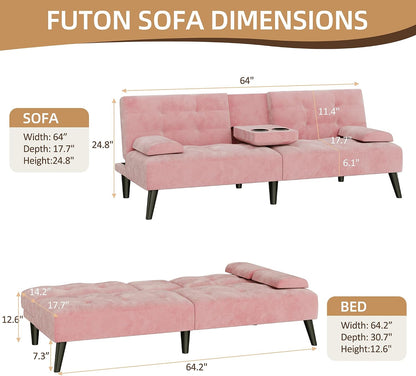 Shintenchi 64" Reclining Velvet Futon Sleeper with Armrests & Cup Holder (Pink)