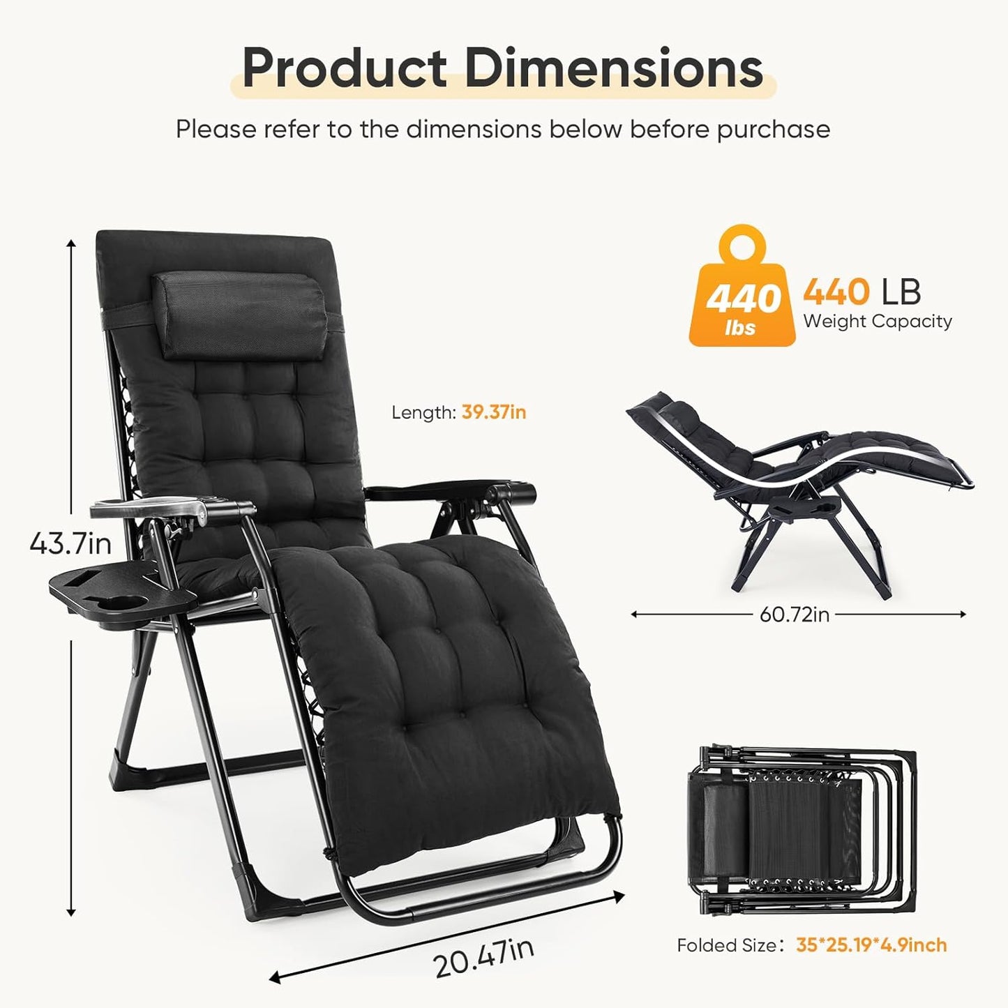 NEWBULIG Zero Gravity Recliner Chair with Cup Holder Tray & Removable Cushion – Black