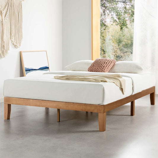 Mellow Queen Solid Pine Platform Bed Frame – 12" Wooden Slats, No Box Spring, Naturalista Classic