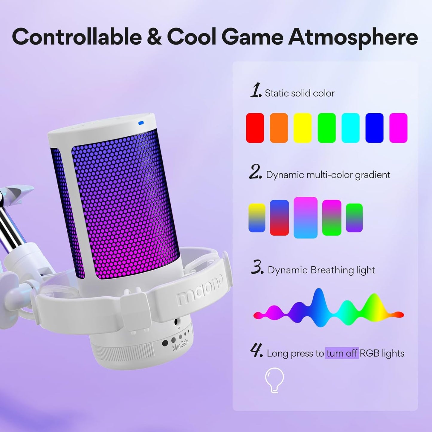 MAONO DGM20S USB Gaming Microphone, White | RGB, Noise Reduction, Boom Arm for PC