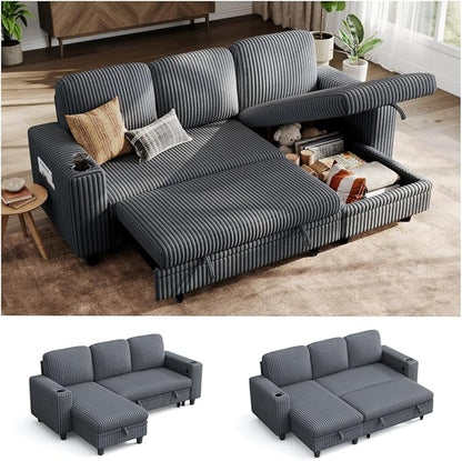 LINSY HOME 81" L-Shape Sleeper Sectional Sofa Bed with Storage Chaise (Beige)