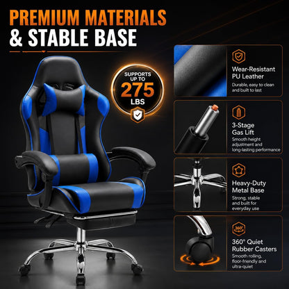 Ergonomic Gaming Chair with Footrest, Headrest & 360° Swivel, Adjustable Height