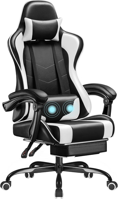 Homall Gaming Chair with Footrest, Massage Lumbar Support & Headrest, White