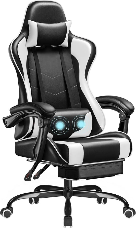 Homall Gaming Chair with Footrest, Massage Lumbar Support & Headrest, White