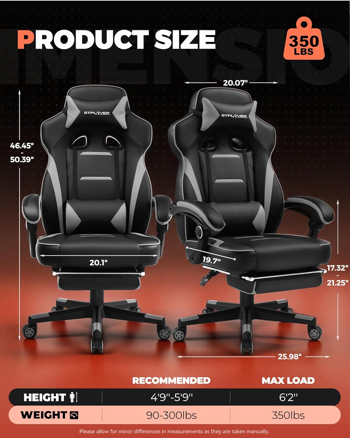 GTPLAYER Big & Tall Gaming Chair with High Back, Lumbar Support, 350 lbs, Sky Gray