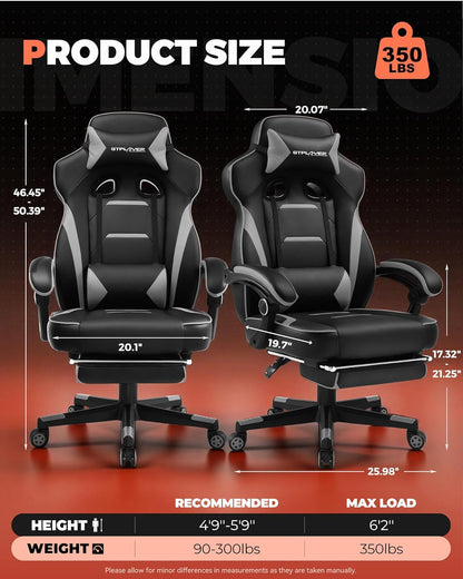 GTPLAYER Big & Tall Gaming Chair with High Back, Lumbar Support, 350 lbs, Sky Gray