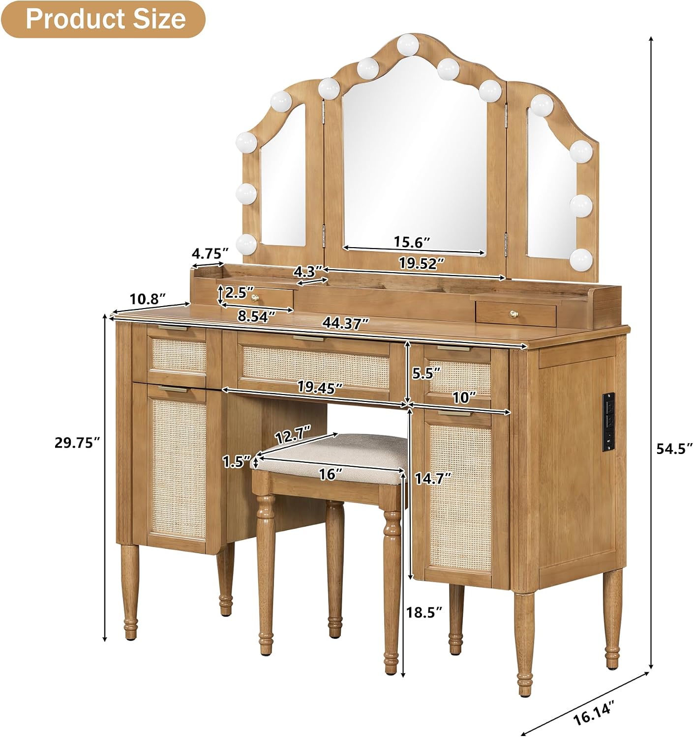 GDFStudio 44" Makeup Vanity Set with Tri-Fold Lighted Mirror & Stool – Natural Finish