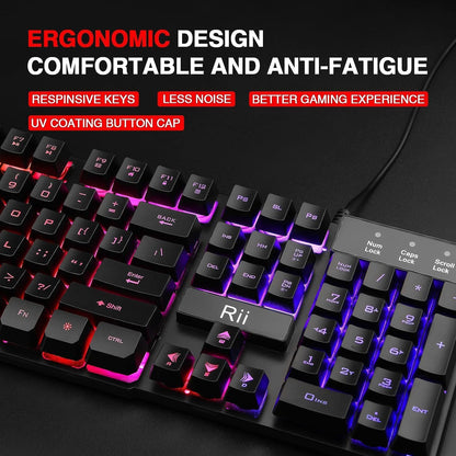 Rii RK100+ Wired Gaming Keyboard – Rainbow LED Backlit, Mechanical Feel