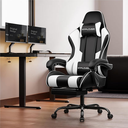 GTPLAYER Gaming Chair with Footrest & Lumbar Support – (Pearl White)