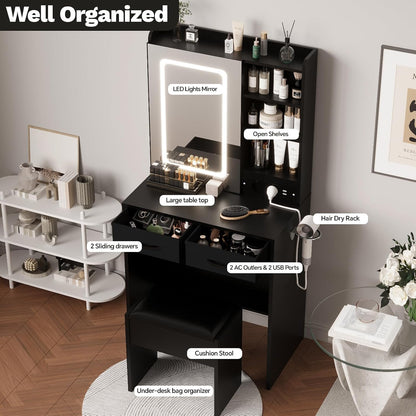 Black Makeup Vanity Desk with Lighted Mirror & Chair – Built-in Charging Station, Glass-Door RGB Storage Cabinet, 2 Drawers & Power Outlets