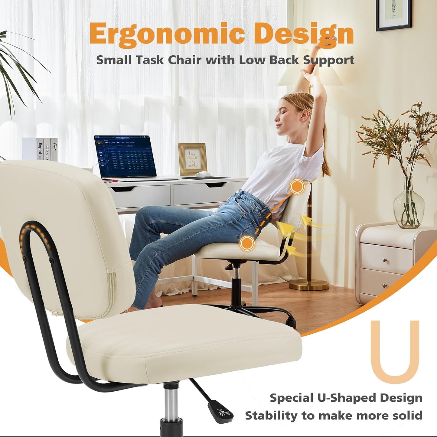 Sweetcrispy Armless PU Leather Office Desk Chair with Lumbar Support – Beige