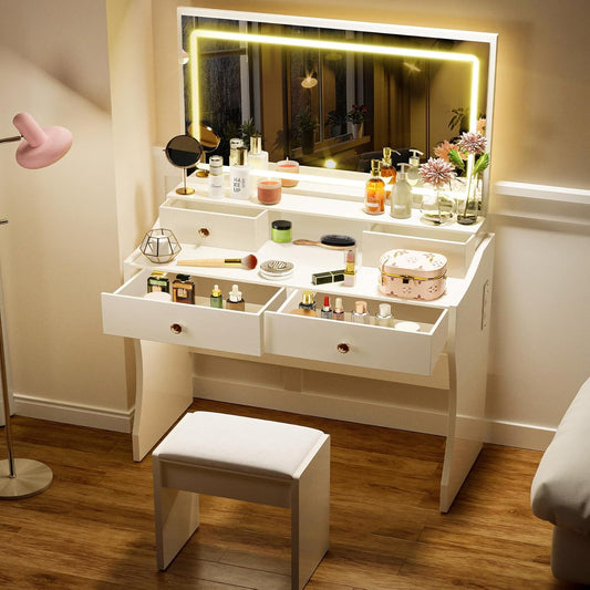 COMHOMA Makeup Vanity Set with Lighted Mirror, Charging Station & Stool – Snow White