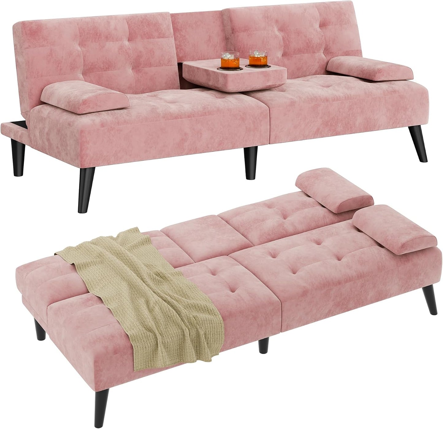 Shintenchi 64" Reclining Velvet Futon Sleeper with Armrests & Cup Holder (Pink)