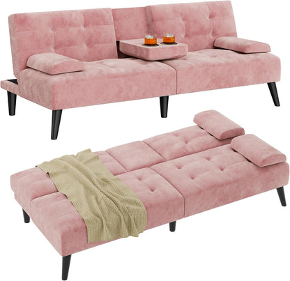 Shintenchi 64" Reclining Velvet Futon Sleeper with Armrests & Cup Holder (Pink)