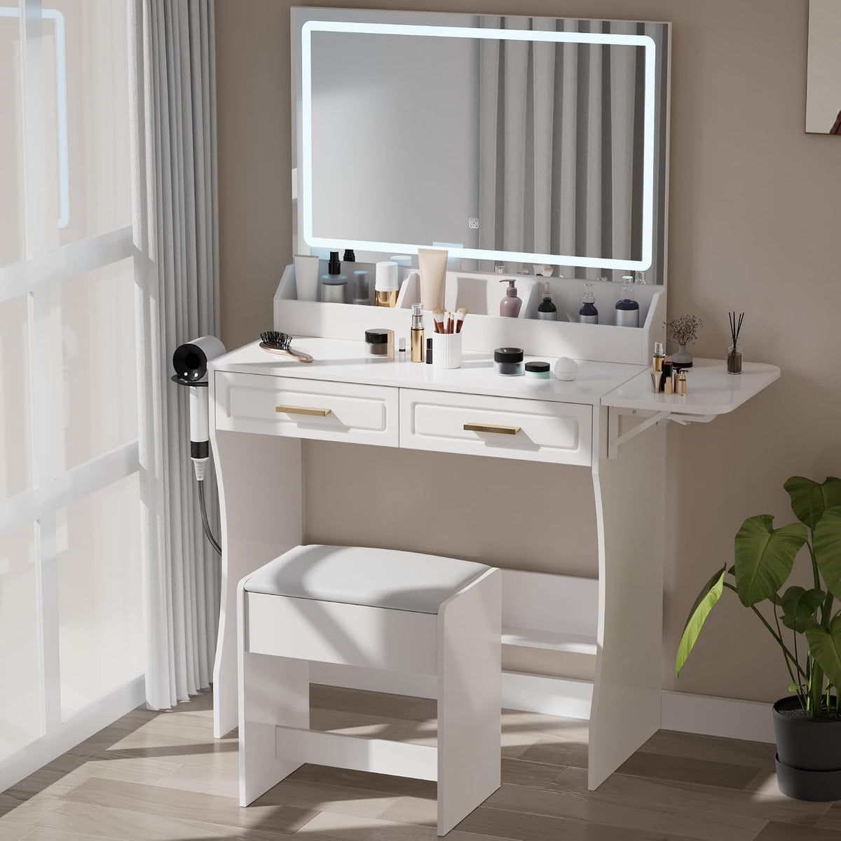 Holiday Glam White Makeup Vanity Set with Lighted Mirror & Stool