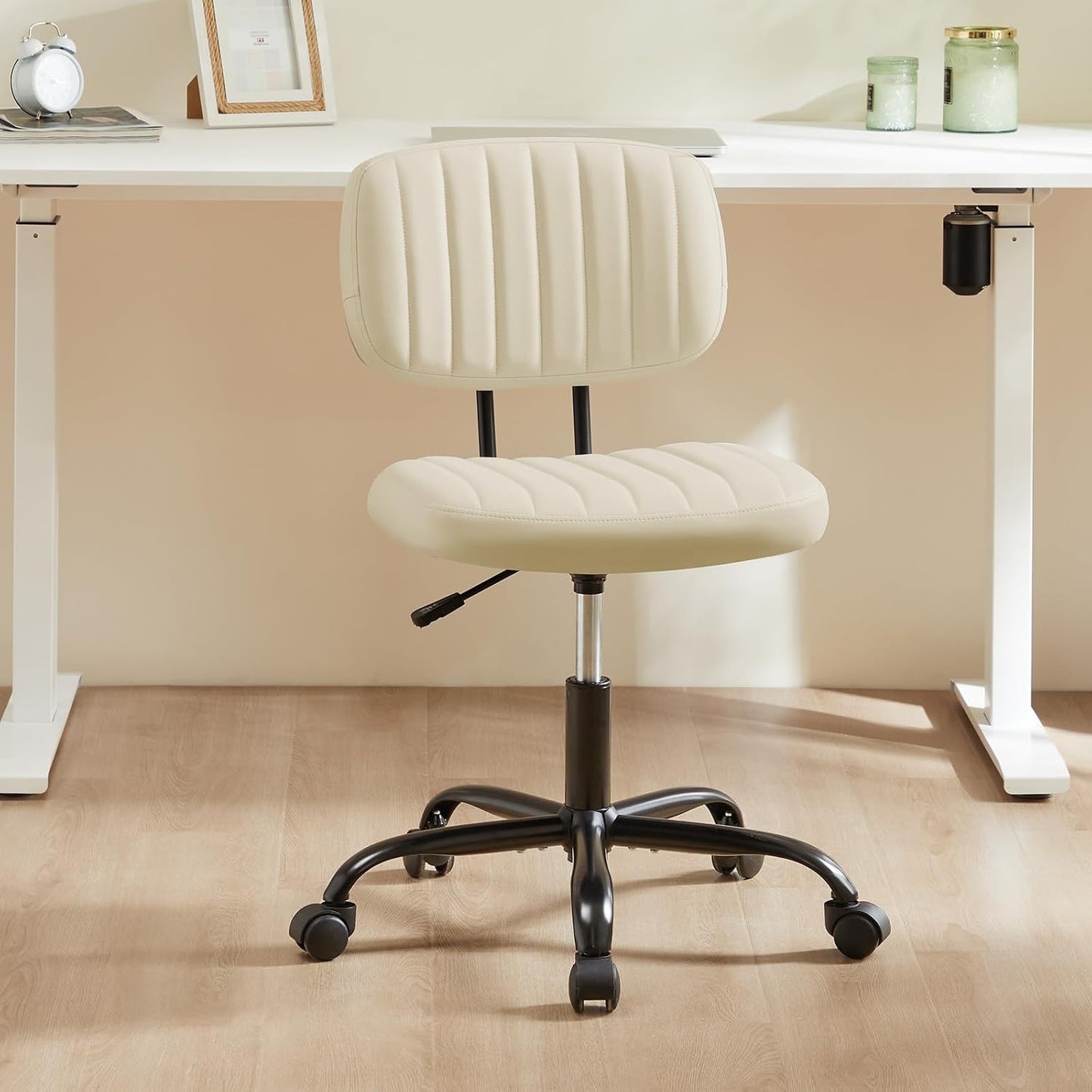 Sweetcrispy Armless PU Leather Office Desk Chair with Lumbar Support – Beige