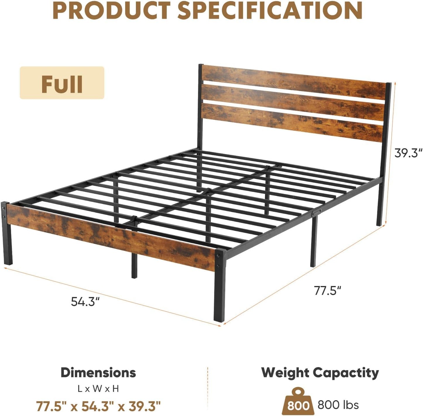 OLIXIS Full Size Bed Frame with Rustic Headboard – Metal Mattress Foundation, Under-Bed Storage, Rust Brown